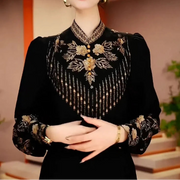 High quality classic print spliced round neck long sleeve blouse