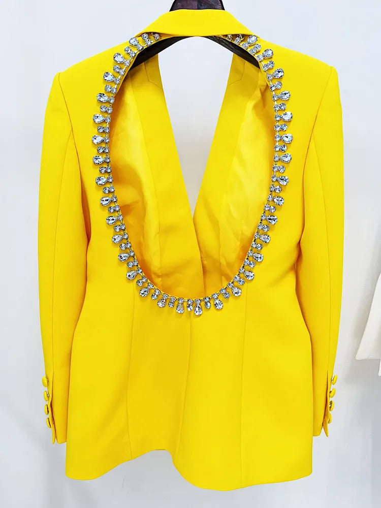 HIGH STREET Newest  Designer Jacket Women's Rhinestone Diamonds Beaded Backless Long Blazer