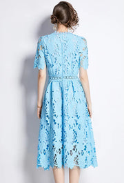 High-end embroidered lace round neck short-sleeved openwork dress