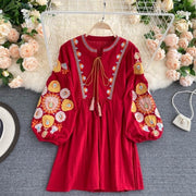 High-quality multi-color long-sleeved embroidered print dress