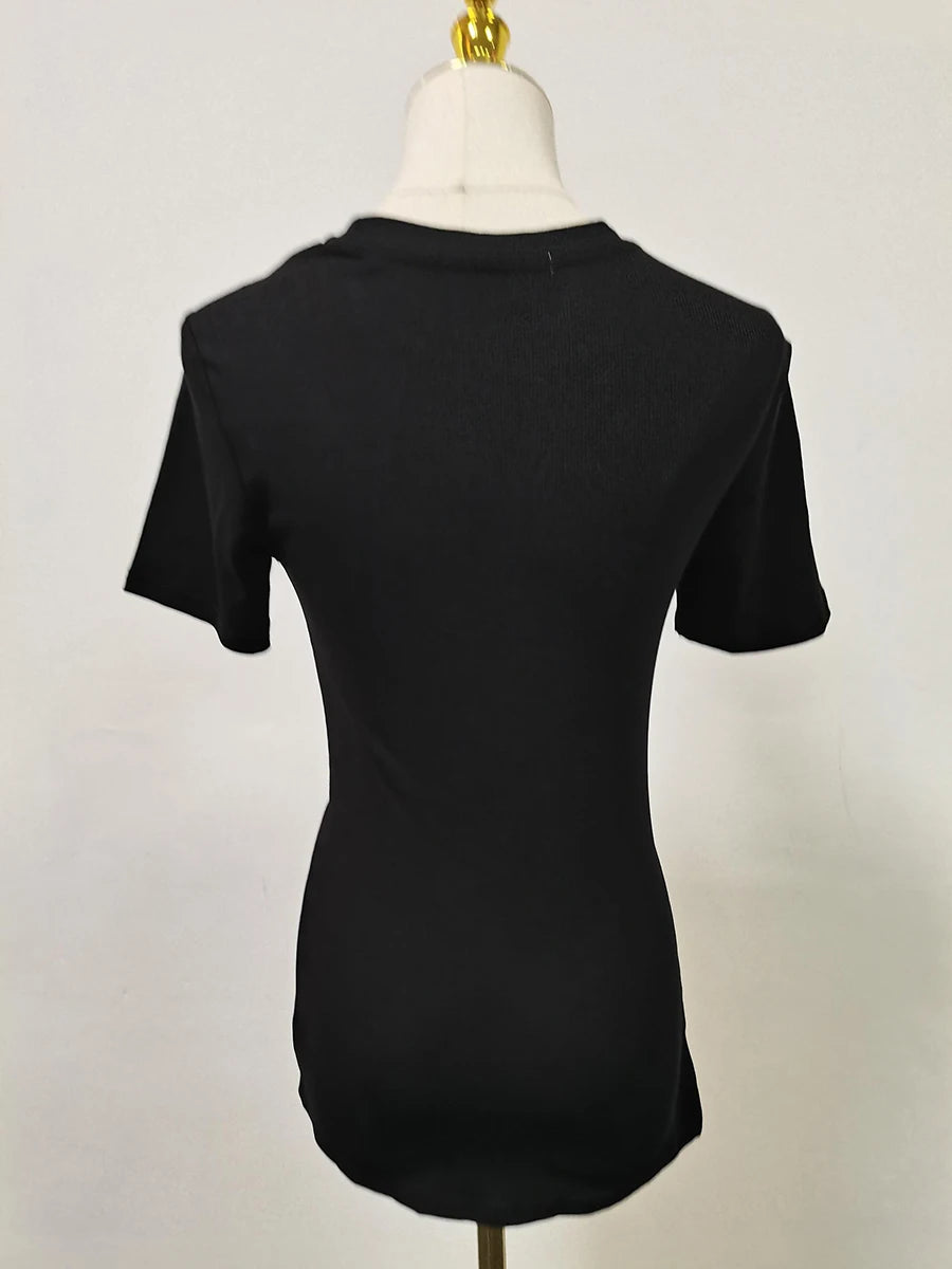 Casual plain pleated patchwork round neck short sleeve t-shirts with spliced metal buckle
