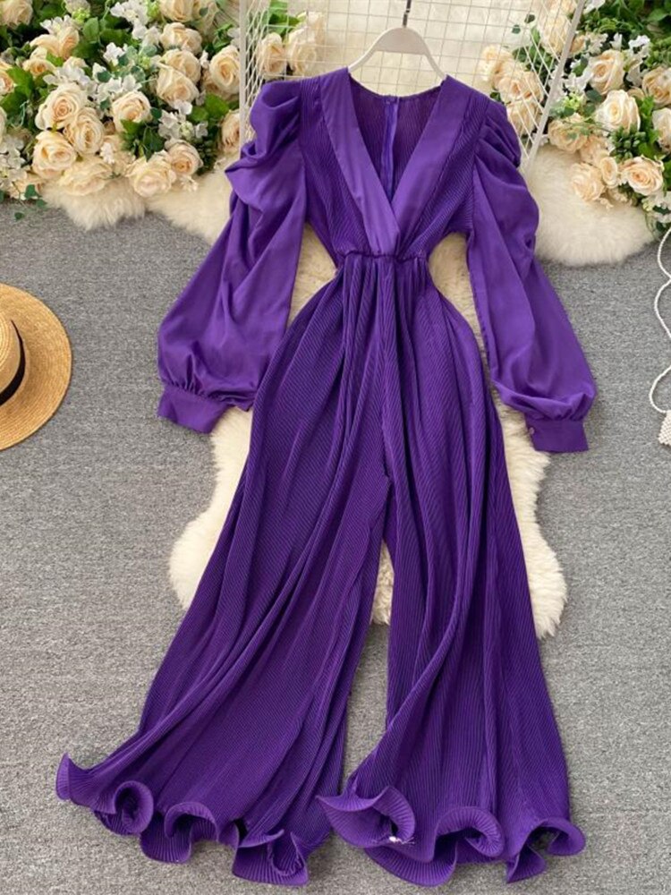 High Quality Lantern Sleeve Stretch Chiffon Wide Leg Deep V Neck Sexy Pleated Long Jumpsuit