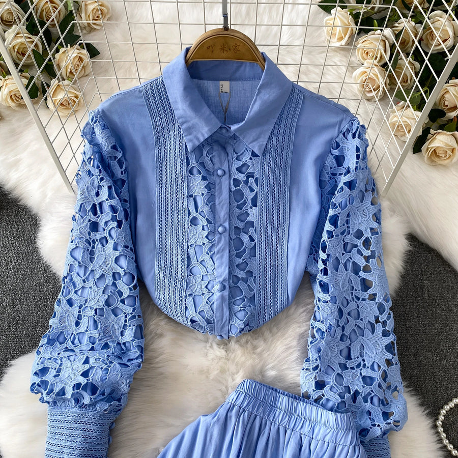 Skirt Sets Women Clothing Temperament Two Piece Set Patchwork Lace Blouses High Waist Hollow Out Long Skirts Suit Summer Outfits
