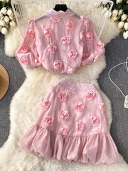 High Quality 3D Flower Embroidery Puff Sleeve Shirt and Mini Skirt Set