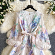 Lace Chiffon Floral Dress Maxi A-line Lantern Sleeve V Neck Spring Women Retro French Fairycore Elegant Vacation Dress