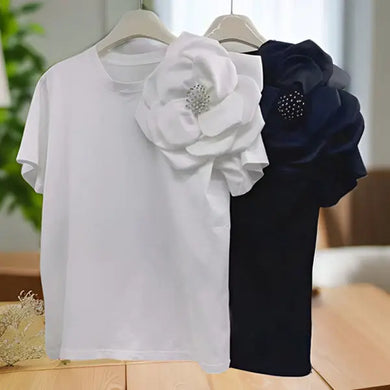 High quality 3D flower beaded short sleeve t-shirt.