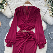Elegant Pleated Vintage V-neck Chic Long Sleeve Slim Split Dress Korean Fashion Evening Party High Street Autumn Winter Clothing