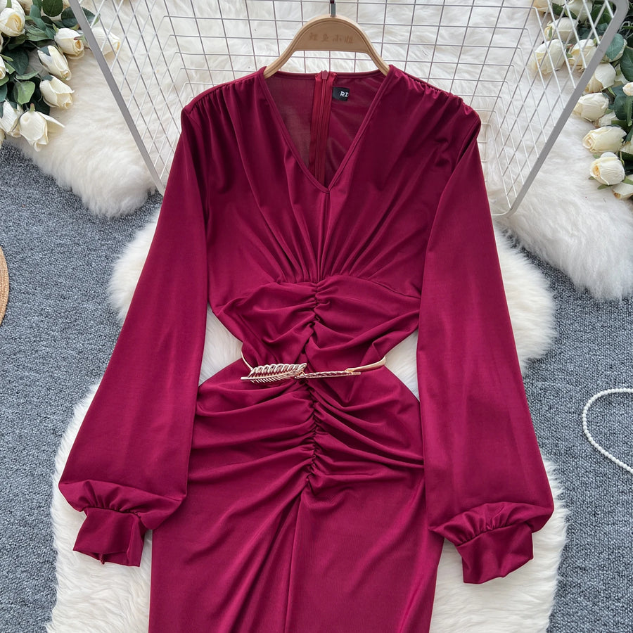 Elegant Pleated Vintage V-neck Chic Long Sleeve Slim Split Dress Korean Fashion Evening Party High Street Autumn Winter Clothing