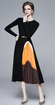 Elegant Black Long Sleeve Pleated Belted Midi Dress High Quality