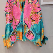 High Quality Batwing Sleeve Loose Fit Floral Embroidery Sequined Shirts