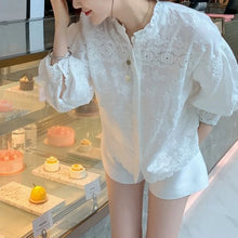 High Quality Round Neck Puff Sleeve Embroidery Single Breasted Cotton Shirt
