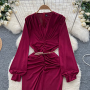 Elegant Pleated Vintage V-neck Chic Long Sleeve Slim Split Dress Korean Fashion Evening Party High Street Autumn Winter Clothing