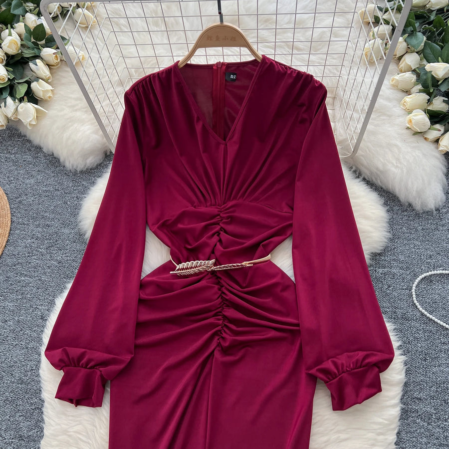 Elegant Pleated Vintage V-neck Chic Long Sleeve Slim Split Dress Korean Fashion Evening Party High Street Autumn Winter Clothing