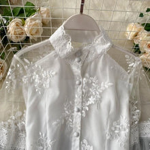 Slim fit shirt with embroidered puff sleeve and stand collar, high quality elegant and sweet trend