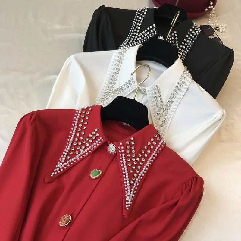 High Quality Diamond Chiffon Elegant Shirts