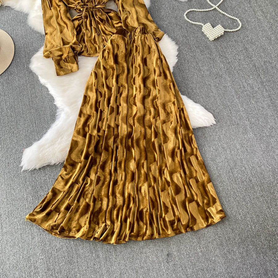 Autumn Velvet Skirt Two-piece Set V-neck Single Breasted Shirt Jacquard Skirts Suit  French Elegant Fashion Women Matching Sets