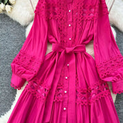 Elegant retro style slit maxi dress with pearl buttons and high-quality crochet embroidery
