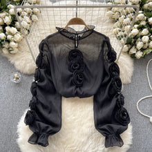 3D Floral Sheer Shirt Ruffle Collar Long Sleeve High Quality