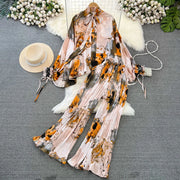 Elegant two-piece set pleated summer chiffon shirt + high-quality floral print pleated wide-leg pants