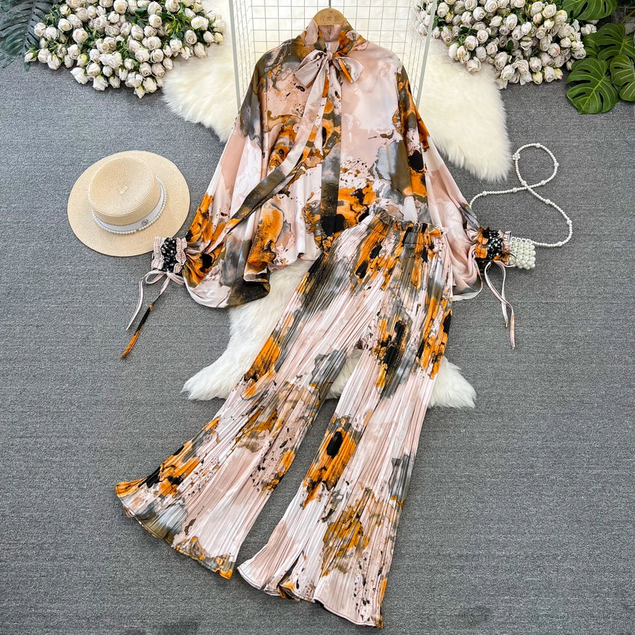 Elegant two-piece set pleated summer chiffon shirt + high-quality floral print pleated wide-leg pants