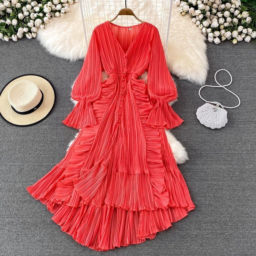 High Quality Ruffled Irreful Hem Elegant French Style Solid Striped Open Stitch Dress