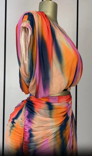 Women's Tie-Dye Print Set Ruched Short Sleeve T-Shirt and Stacked Mini Skirt 2 Piece Outfit