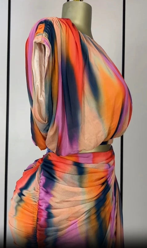 Women's Tie-Dye Print Set Ruched Short Sleeve T-Shirt and Stacked Mini Skirt 2 Piece Outfit