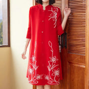 Plus Size Stand Collar Embroidered Half Sleeve Single Breasted Loose Pleated Dress