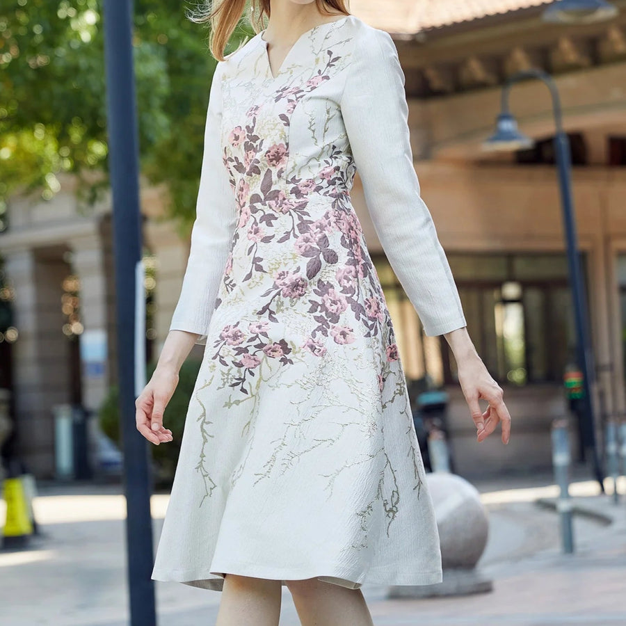 High Quality V Neck Long Sleeve Knee Length Floral Bohemian Dress