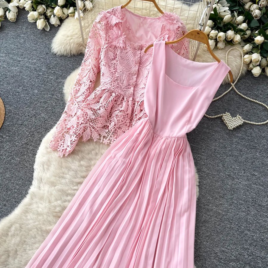 Lace Ruffle Camis Midi Dress Two Pieces Sets V Neck Top  Vintage   Tulle Pleated  Skirt   High Waist A-line Skirt Fall Sets