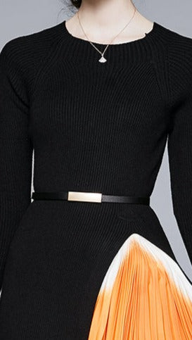 Elegant Black Long Sleeve Pleated Belted Midi Dress High Quality