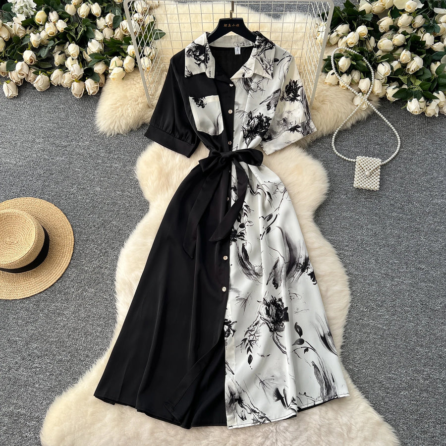 Chic Single Breasted Spliced Elegant Korean Fashion Fairy Sexy High Waist Vestidos Summer High Street Women Vacation