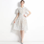 High quality short sleeve elegant blue white pink lace dress with gold buttons and belt below knee length.