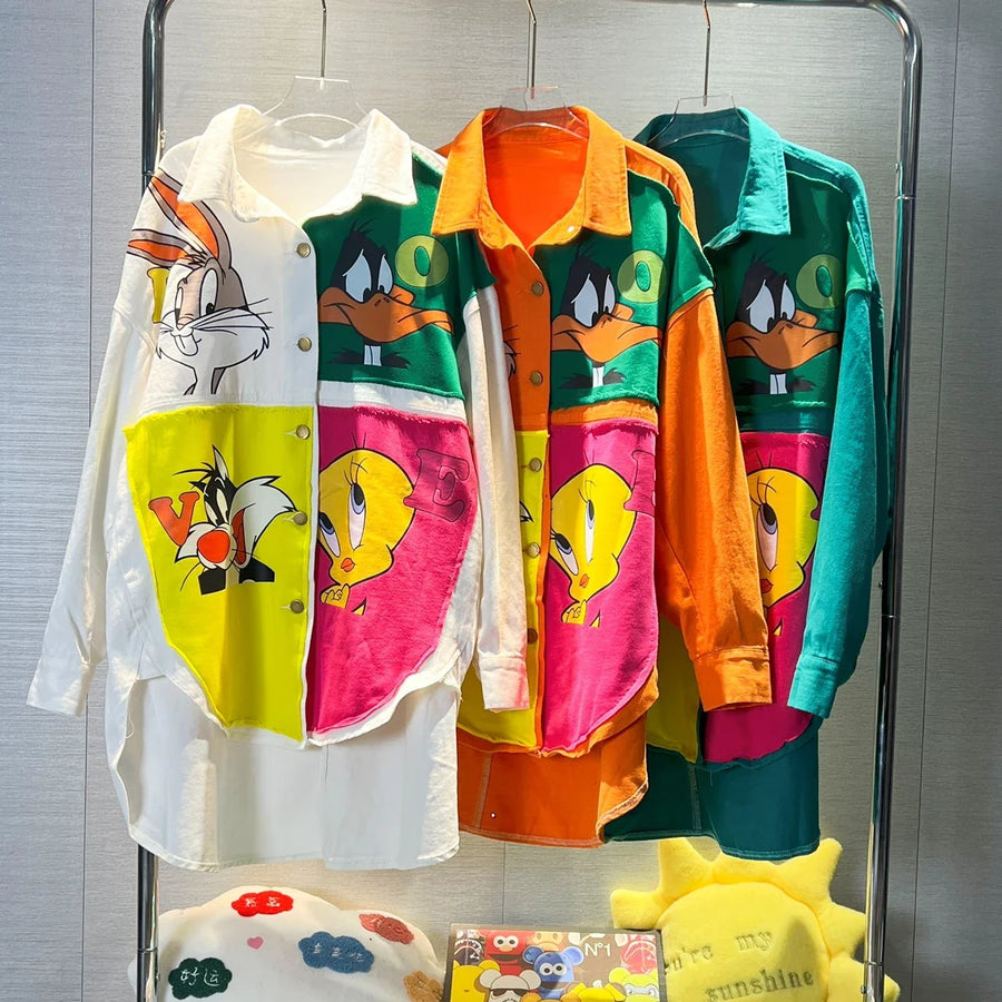 High Quality Long Sleeve Cartoon Print Mid-Length Shirts