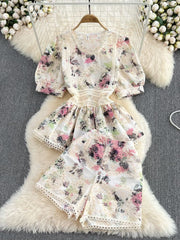 Flower Embroidery Lace Shorts Set Elegant Lantern Sleeve Shirt+Wide Leg Shorts High Quality