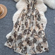 Women's long floral dress with thin straps, sleeveless, elastic, ruched with high-quality print