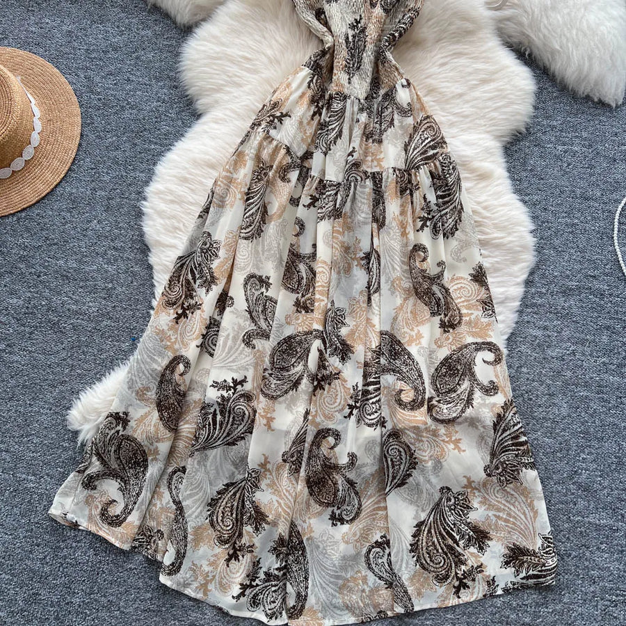 Women's long floral dress with thin straps, sleeveless, elastic, ruched with high-quality print