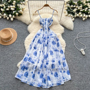 Women's long floral dress with thin straps, sleeveless, elastic, ruched with high-quality print