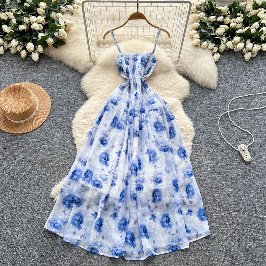 Women's long floral dress with thin straps, sleeveless, elastic, ruched with high-quality print