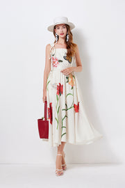 High Quality Spaghetti Strap Floral Print Cotton Linen Long Embroidered Flower Butterfly Dress