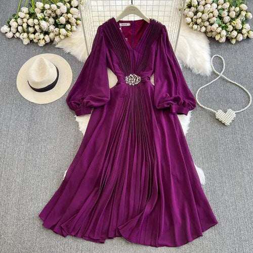 High Quality Purple/Black/Red Diamonds Draped Pleated Chiffon Elegant Puff Sleeve Long Dress Purple / XXL High Quality Purple/Black/Red Diamonds Draped Pleated Chiffon Elegant Puff Sleeve Long Dress Purple / XXL