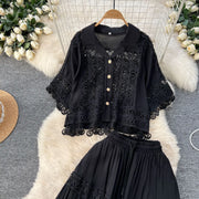 Luxury Long Dresses 2 Piece Sets Women Summer Holiday Hollow Out Crop Tops Elastic Waist Maxi Skirts Suits A Line Party Vestidos
