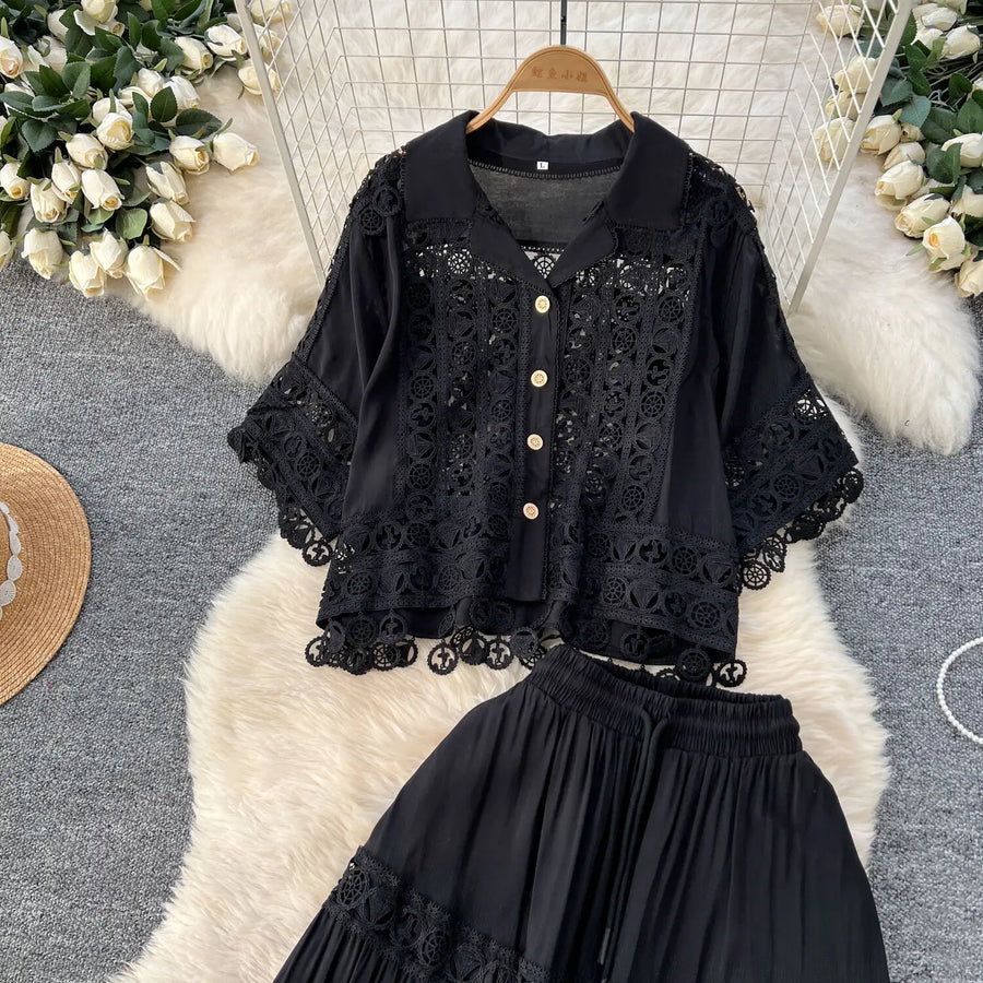 Luxury Long Dresses 2 Piece Sets Women Summer Holiday Hollow Out Crop Tops Elastic Waist Maxi Skirts Suits A Line Party Vestidos