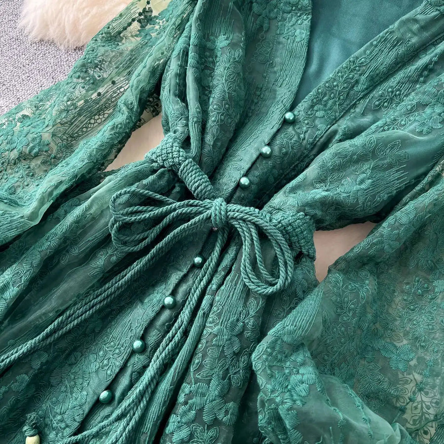 Luxury Embroidery Formal Dresses Women Summer Autumn Lantern Long Sleeve Lace Vestidos Pearl Prom Evening Birthday Dress Party