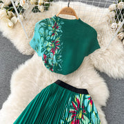 Two Piece Set Floral Print Pleated Elastic Raglan Sleeve T-shirt Top + Long Skirt High Quality