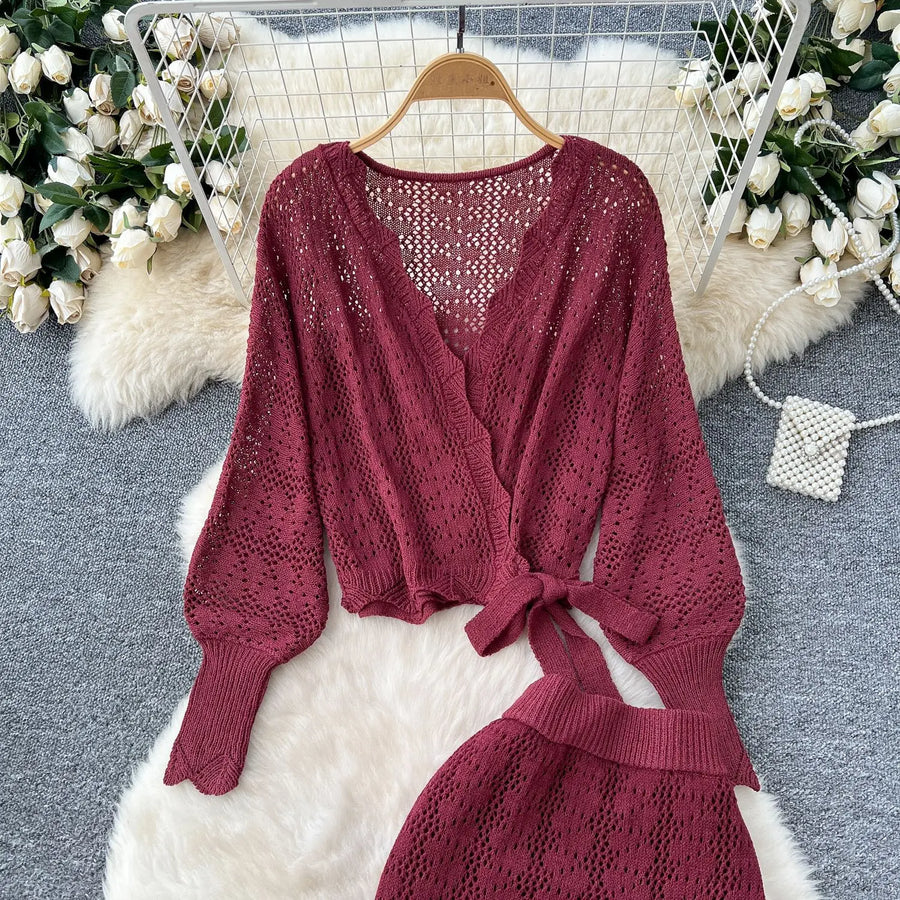 Two Piece Sets Women Skirt Set Full Sleeve Tops Long Skirts A Line High Waist  Streetwear Hollow Out Knit Work Autumn