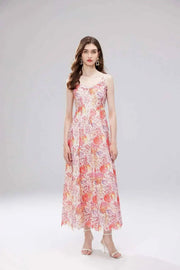 Long dress with open back and sexy A-line cut with high-quality flowers and embroidered lace
