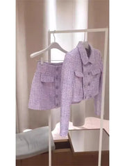 New Luxury High End Tweed Women's Two Pieces Set Elegant Lapel Double Breasted Slim Short Coat + Mini Skirt Fashion Suit