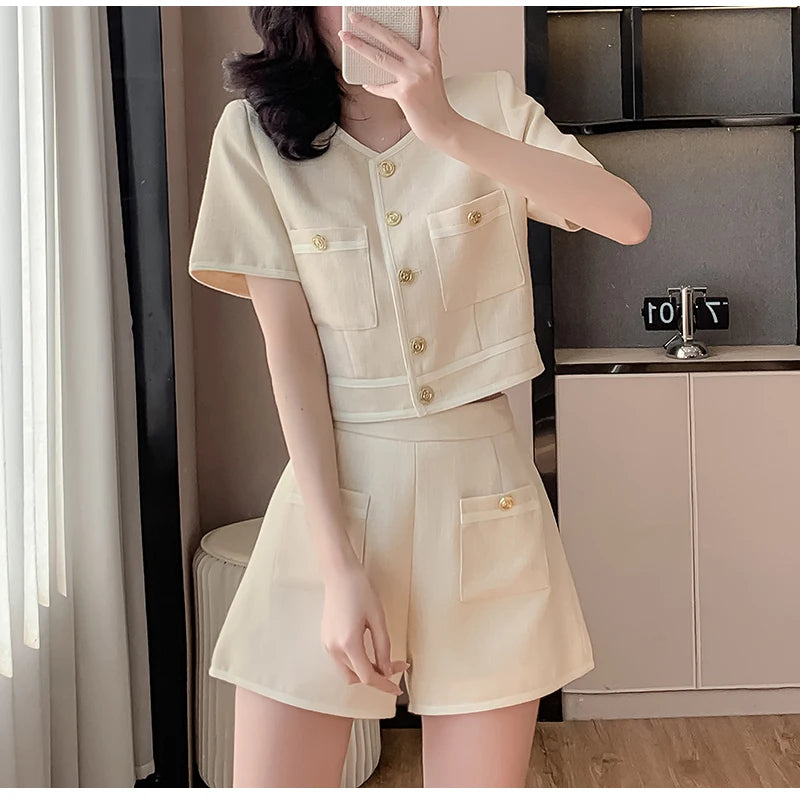 Two 2 Piece Shorts Sets Women Tweed Shorts Suits Office Ladies Single-Breasted Short Sleeve Jacket Coat High Waist Shorts S-XL