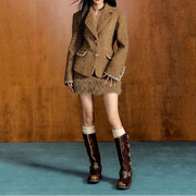 Autumn two-piece tweed set: long-sleeved short jacket + A-line mini skirt